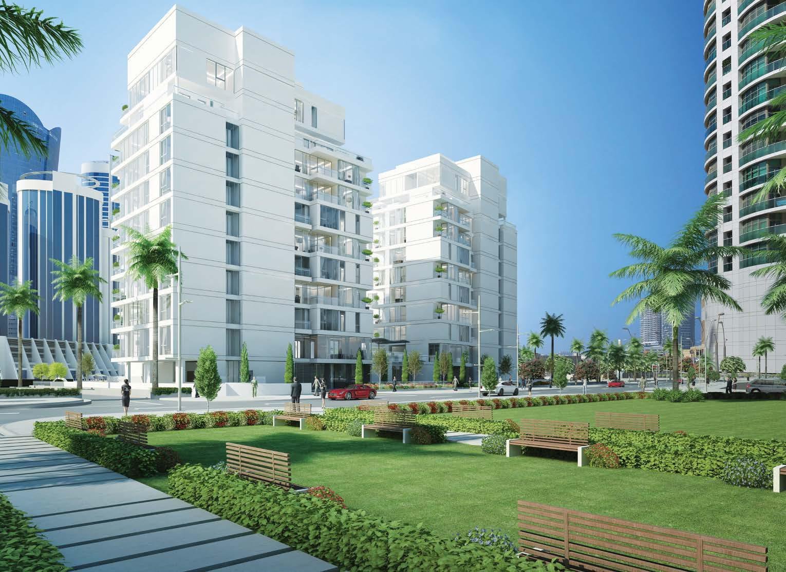 Yasmina Residence swimming pool surrounded by landscaped greenery on Al Reem Island, Abu Dhabi